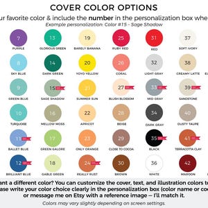 May include: A color chart titled COVER COLOR OPTIONS displaying 48 numbered circles in various hues including pink, purple, green, yellow, red, gray, and blue. Each circle features a color name and number, with some marked as most popular.