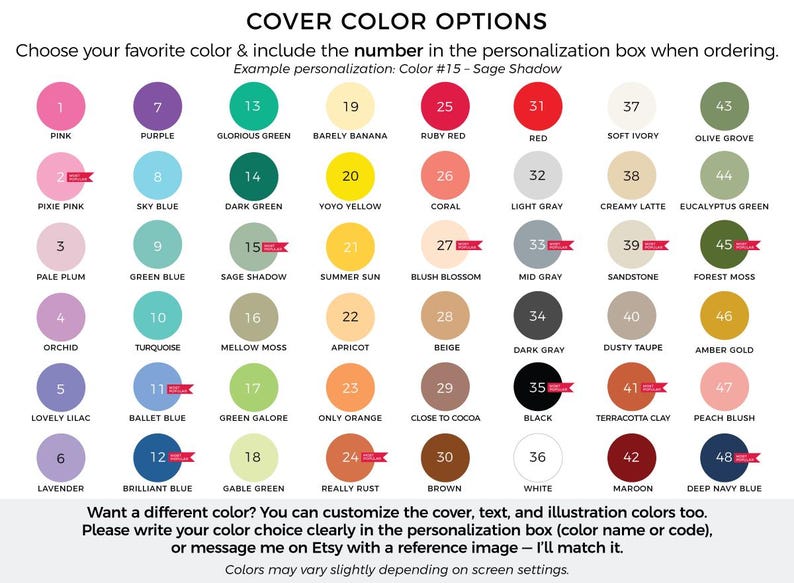 May include: A color chart titled COVER COLOR OPTIONS displaying 48 numbered circles in various hues including pink, purple, green, yellow, red, gray, and blue. Each circle features a color name and number, with some marked as most popular.