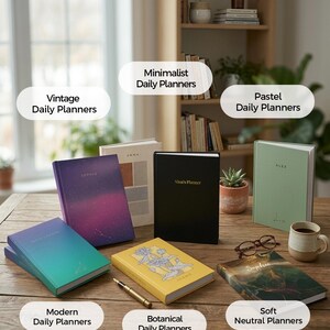 May include: A collection of daily planners in various styles, including vintage, minimalist, pastel, modern, botanical, and soft neutral designs. The image features planners with different colors and cover designs, along with text that reads "Explore 30+ Planner Designs."