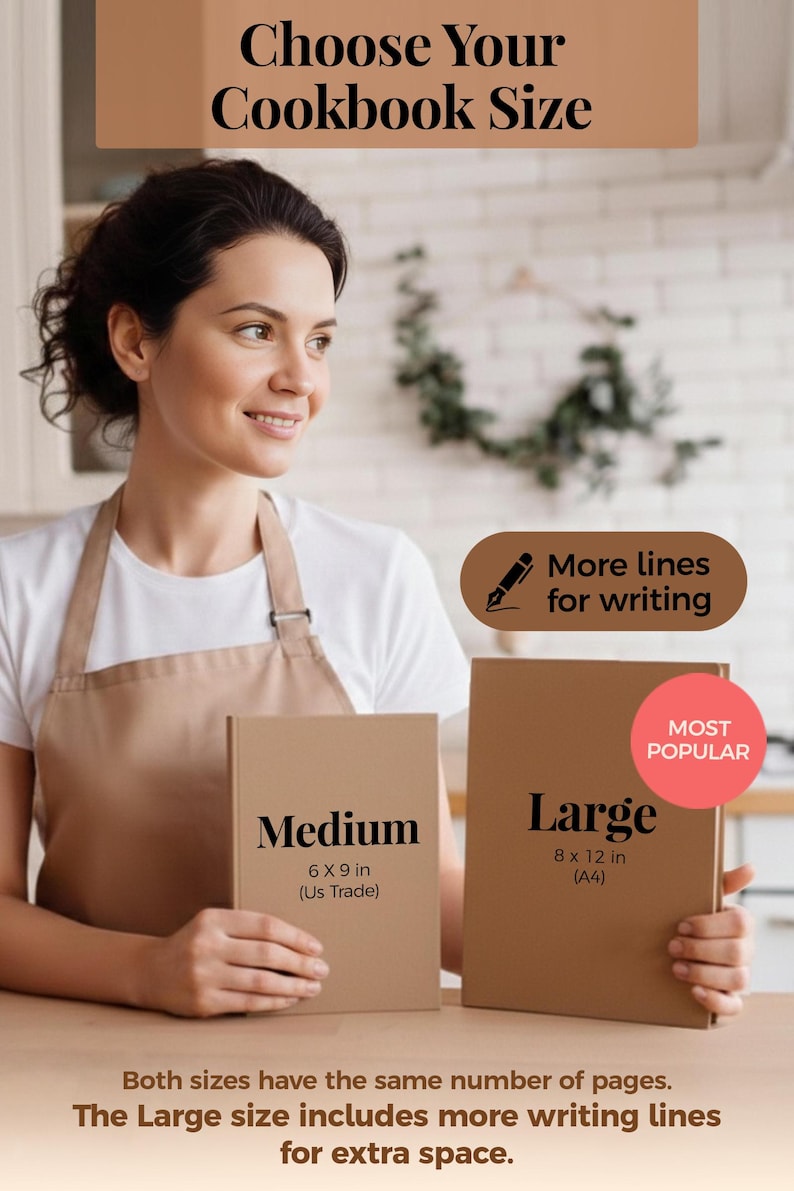 May include: Two tan hardcover cookbooks labeled Medium 6 x 9 in and Large 8 x 12 in. Text includes Choose Your Cookbook Size, More lines for writing, and Most Popular. The bottom text states both sizes have the same number of pages.