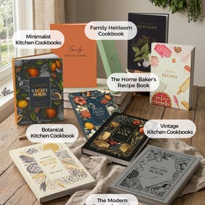 May include: A collection of hardcover recipe books featuring various cover designs including botanical illustrations, solid colors, and baking motifs. The books display text such as 'Family Recipe Book', 'Sophie's Recipe Book', and 'Your Front Text' on their covers.