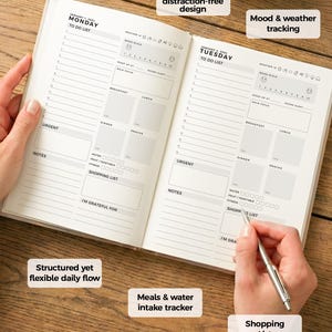 May include: Open daily planner with a clean design, featuring to-do lists, mood tracking, and meal intake sections. The planner includes a shopping list and a structured, flexible daily flow. A cup of coffee sits nearby.