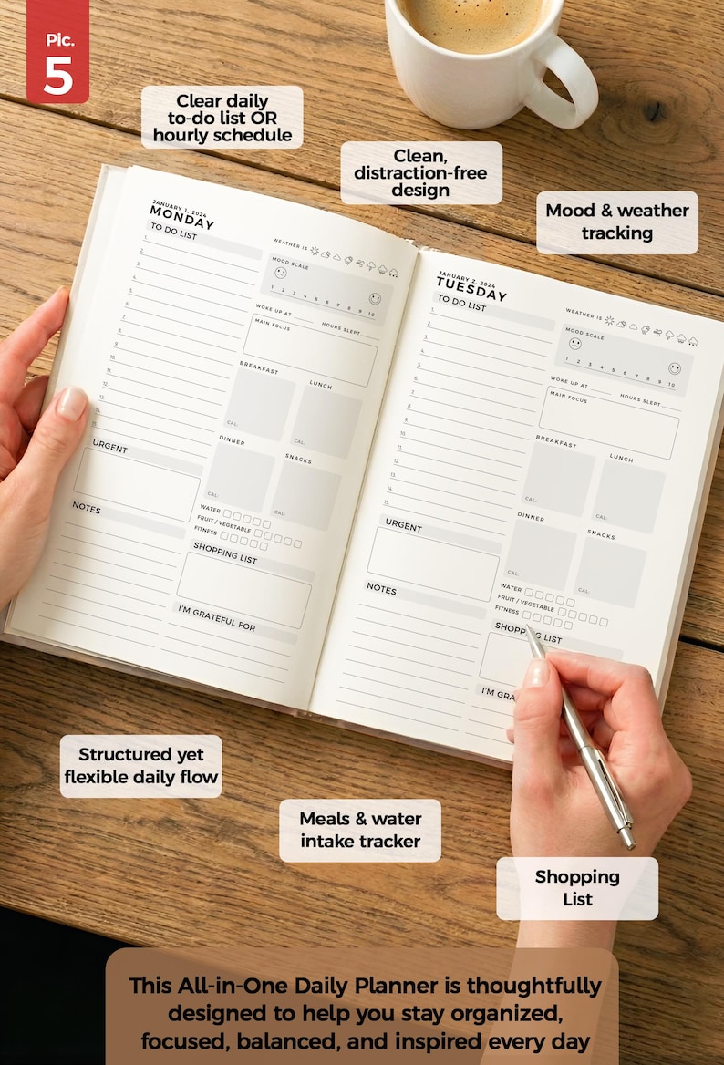 May include: Open daily planner with a clean design, featuring to-do lists, mood tracking, and meal intake sections. The planner includes a shopping list and a structured, flexible daily flow. A cup of coffee sits nearby.