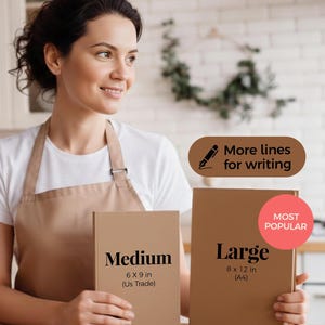 May include: Two tan hardcover cookbooks labeled Medium and Large. The Medium book is 6 x 9 inches, and the Large book is 8 x 12 inches. Text includes Choose Your Cookbook Size, More lines for writing, and MOST POPULAR. Both have the same page count.