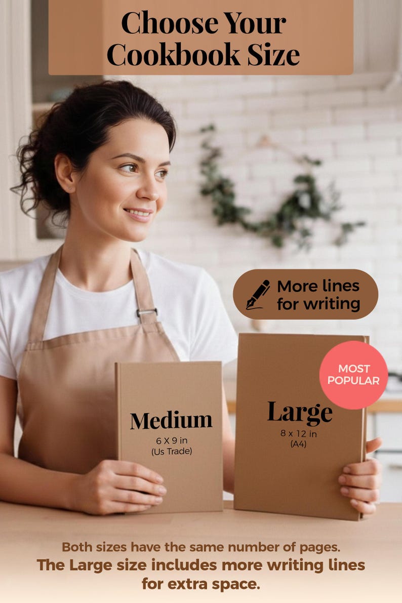 May include: Two tan hardcover cookbooks labeled Medium and Large. The Medium book is 6 x 9 inches, and the Large book is 8 x 12 inches. Text includes Choose Your Cookbook Size, More lines for writing, and MOST POPULAR. Both have the same page count.
