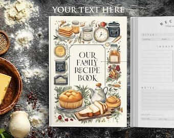 Könnte beinhalten: Ein weißes Rezeptbuch mit einer Aquarell-Illustration eines Laibes Brot, einer Teekanne und anderen Küchenutensilien. Der Text auf dem Umschlag lautet "Our Family Recipe Book".