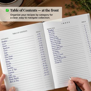 May include: An open recipe journal with a Table of Contents page on the left and an Index page on the right. The text reads Find Any Recipe in Seconds, Table of Contents, and Multiple Index Pages. The pages feature lined columns for recipe titles and page numbers.