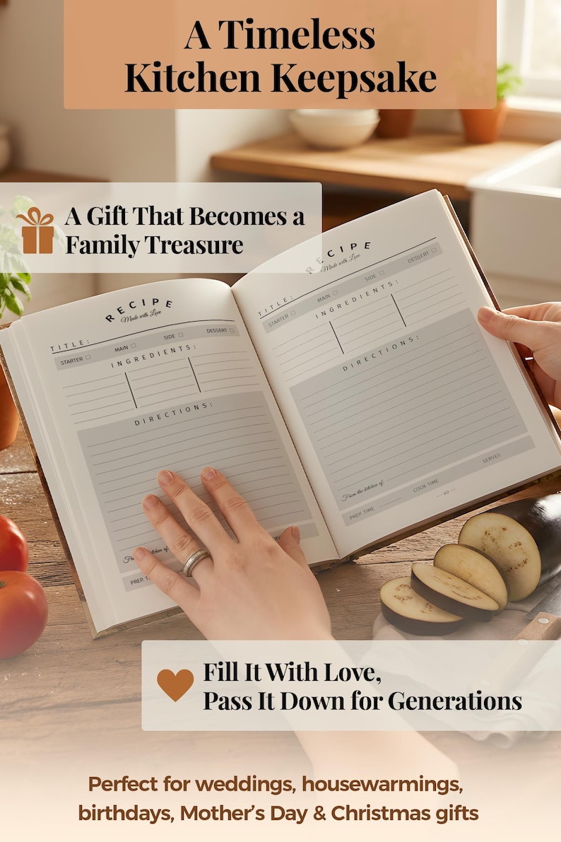 May include: An open recipe journal with white pages featuring printed fields for title, ingredients, and directions. The text reads Recipe Made with Love, Title, Starter, Main, Side, Dessert, Ingredients, Directions, From the kitchen of, Prep time, Cook time, and Serves.