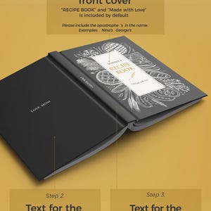 May include: A black recipe book with a white rectangular label on the front cover featuring the text "SOPHIE'S RECIPE BOOK" and "Made with love" surrounded by white botanical illustrations. The back cover displays the text "LOVE, MOM".
