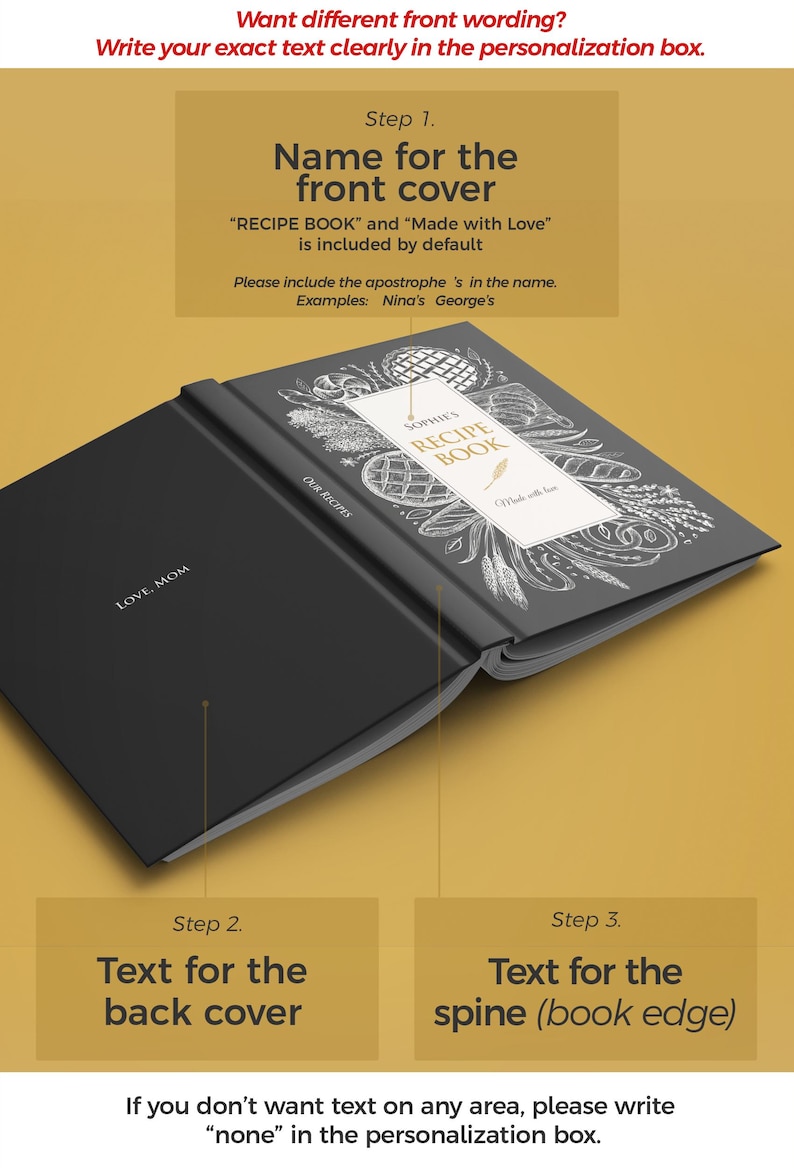 May include: A black recipe book with a white rectangular label on the front cover featuring the text "SOPHIE'S RECIPE BOOK" and "Made with love" surrounded by white botanical illustrations. The back cover displays the text "LOVE, MOM".
