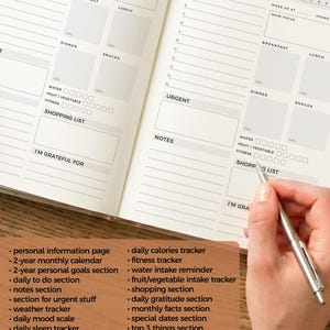 May include: Open planner with daily, weekly, and monthly sections. Features include a weather tracker, mood scale, and shopping list. The text reads "In this planner you will find:" and lists various sections. A hand holds a pen over the open pages.