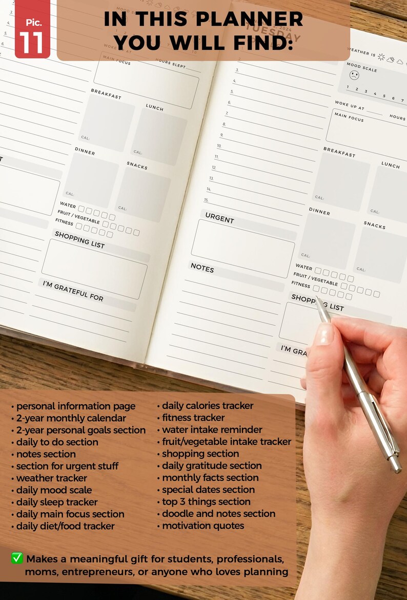 May include: Open planner with daily, weekly, and monthly sections. Features include a weather tracker, mood scale, and shopping list. The text reads "In this planner you will find:" and lists various sections. A hand holds a pen over the open pages.