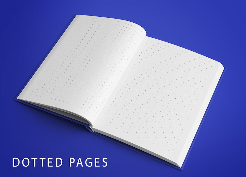 Op de afbeelding: Open notitieboek met witte gestippelde pagina's op een blauwe achtergrond. De tekst "DOTTED PAGES" is onder het notitieboek gedrukt.