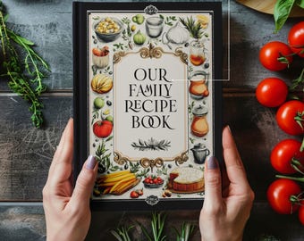 May include: A black hardcover recipe book with a colorful illustration of food and kitchen items. The book cover says "Our Family Recipe Book".