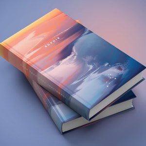 May include: Two hardcover books with colorful abstract art covers. The top book has the name "SOPHIE" in white text. The cover art transitions from orange to blue. The bottom book has the text "YOUR TEXT HERE (OPTIONAL)".