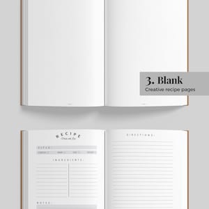 May include: Two open books showing layout options. The top book has blank pages. The bottom book features a structured recipe template with sections for title, ingredients, notes, and directions, labeled 'Recipe Made with Love' at the top.