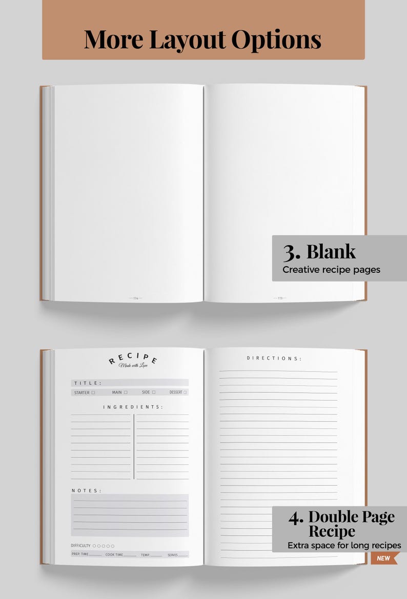 May include: Two open books showing layout options. The top book has blank pages. The bottom book features a structured recipe template with sections for title, ingredients, notes, and directions, labeled 'Recipe Made with Love' at the top.