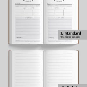 May include: An open recipe journal showing two different page layouts. The top layout features structured fields for title, ingredients, directions, prep time, cook time, and servings. The bottom layout consists of simple lined pages for writing.