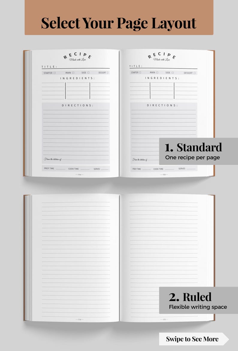 May include: An open recipe journal showing two different page layouts. The top layout features structured fields for title, ingredients, directions, prep time, cook time, and servings. The bottom layout consists of simple lined pages for writing.