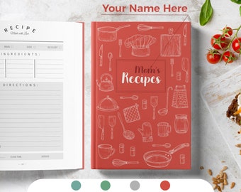 May include: A red recipe book with a white design of kitchen utensils and the text "Mom's Recipes".