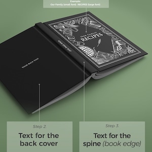 May include: A black hardcover book with white line art illustrations of food items on the front cover. The front cover features the text "OUR FAMILY RECIPES". The back cover and spine are solid black with the placeholder text "YOUR BACK TEXT" and "YOUR SPINE TEXT".