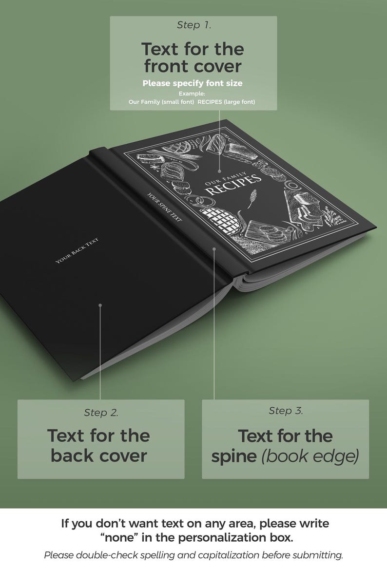 May include: A black hardcover book with white line art illustrations of food items on the front cover. The front cover features the text "OUR FAMILY RECIPES". The back cover and spine are solid black with the placeholder text "YOUR BACK TEXT" and "YOUR SPINE TEXT".