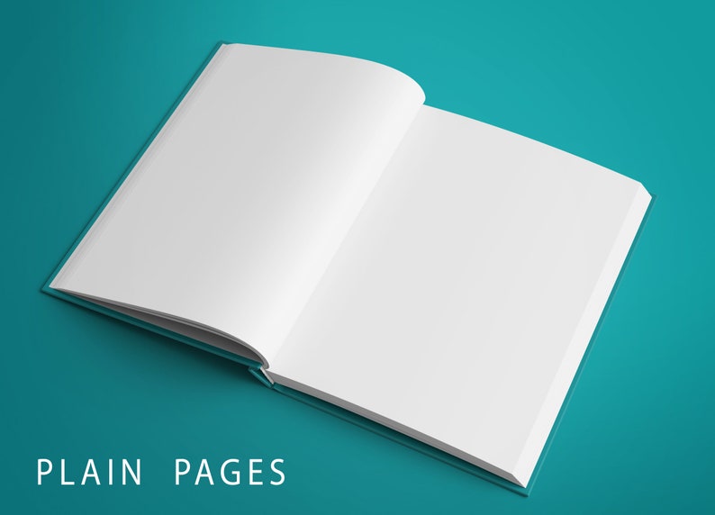 Op de afbeelding: Een blanco boek met witte pagina's ligt open op een turquoise oppervlak. De tekst "PLAIN PAGES" is onder het boek gedrukt.