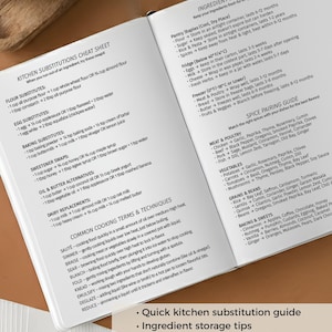 May include: A white kitchen reference guide titled Cook Smarter, Not Harder. The document features a Kitchen Substitutions Cheat Sheet, an Ingredient Storage Guide, a Spice Pairing Guide, and Common Cooking Terms & Techniques with black text.