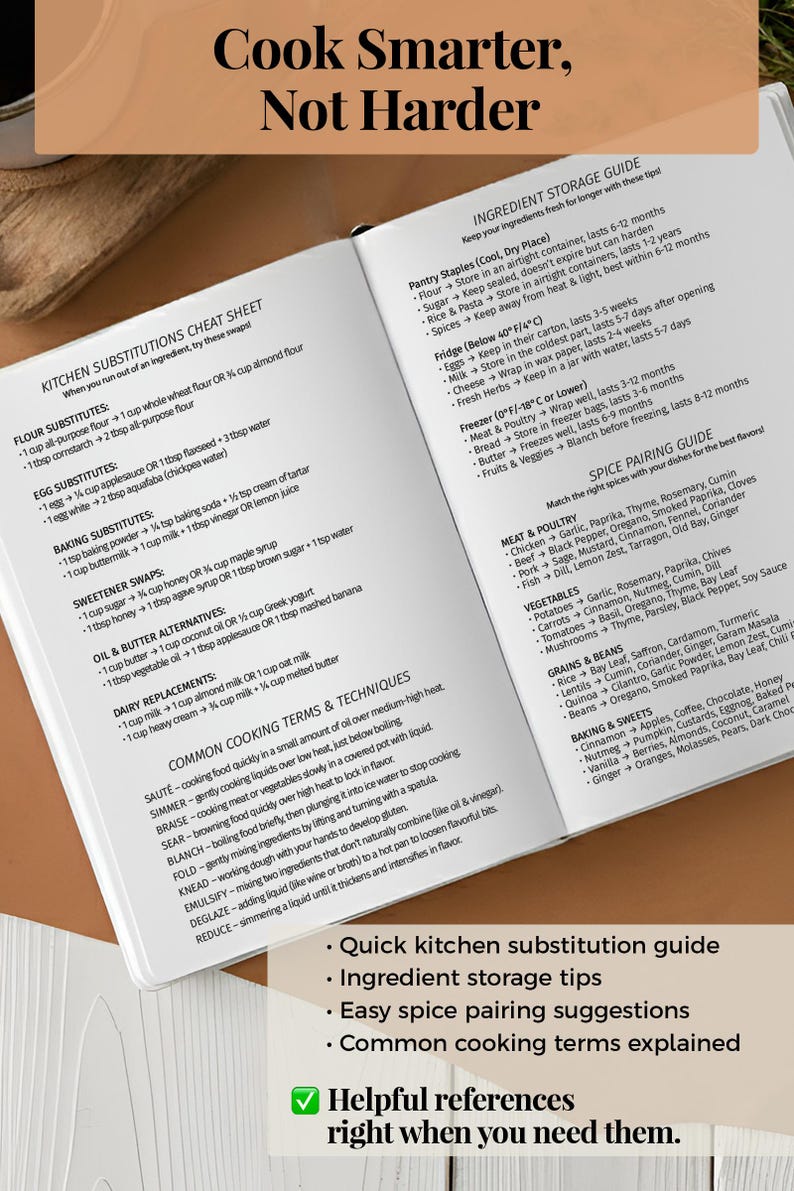 May include: A white kitchen reference guide titled Cook Smarter, Not Harder. The document features a Kitchen Substitutions Cheat Sheet, an Ingredient Storage Guide, a Spice Pairing Guide, and Common Cooking Terms & Techniques with black text.