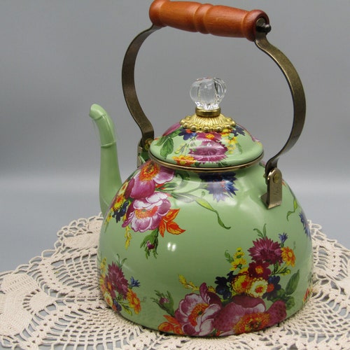 MacKenzie Childs | Enamel Floral Teapot | Spout shops Chip Guard | Cottage Green | Faceted Glass Crystal Knob | Brass | Wood Handle