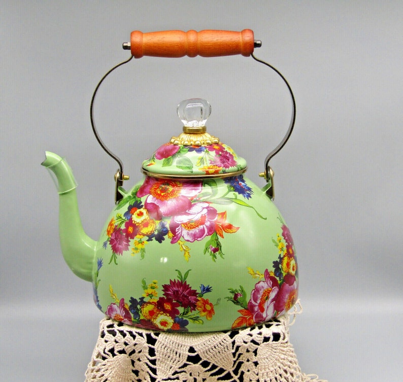 MacKenzie Childs | Enamel Floral Teapot | Spout shops Chip Guard | Cottage Green | Faceted Glass Crystal Knob | Brass | Wood Handle