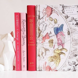May include: A set of four red and pink hardcover books with white text titles. The books are stacked on top of each other and are sitting on a white surface. The book titles are "Glamorous by Grace", "Raising the Barre", "Lucia", and "Atum Stel Reale Qvum".