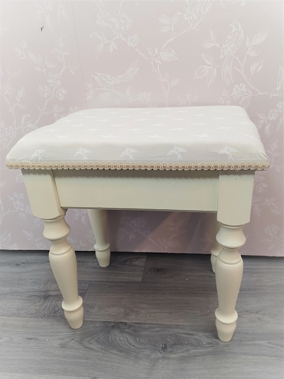 Bedroom Cream Dressing Table Stool Padded Seat With Bird Patterned Material Covering