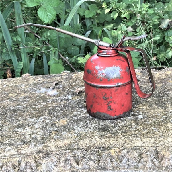 Vintage Oil Pump Can Red Distressed Antiqued BREVETTATO Made in Italy