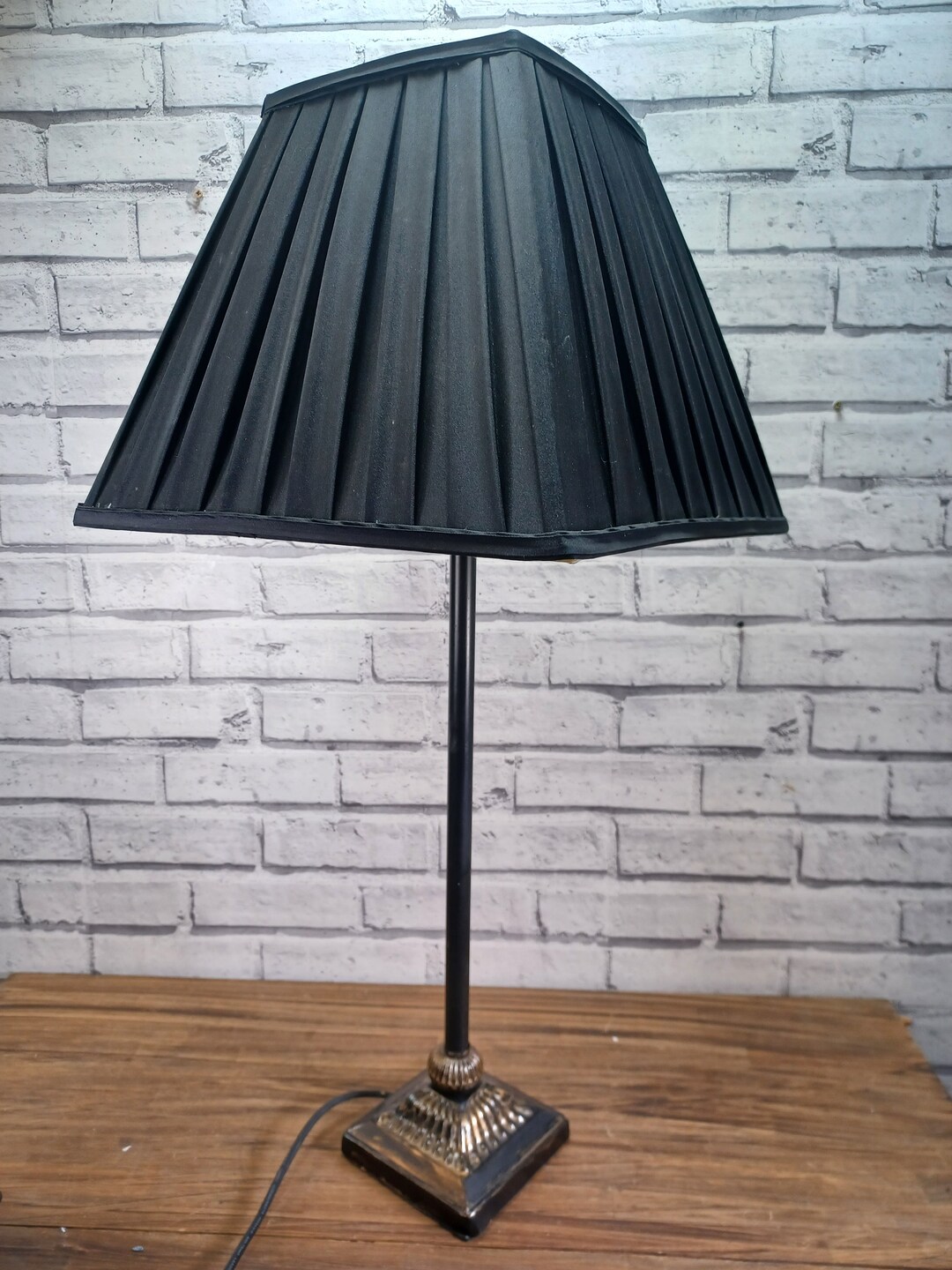 Tall Table Lamp Black Gold Square Satin Shade 77cm Metal Slim Etsy