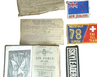 Vintage National Service 1940s Women&#39;s Auxiliary Air Force Diary National Service Card Registration Card, and Badges