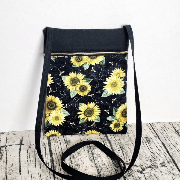 Crossbody Bag-Sunflower Pattern-Cell Phone Carrier-Bees and Flowers Design-School Bag-Shoulder Strap Bag-Minimalistic-Gifts for Her