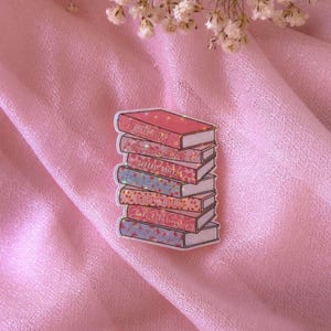 Romance Trope Book Stack Sticker | Pastel Pink Bookish Vinyl | Holographic Book Lover  Decal | Cozy Literary Gift for Readers |