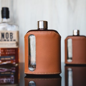 Double Shot Leather Wrapped Hip Flask, Hip Flask, Gift for Him, Gift for Husband, Groomsmen Gift Idea, 240ml Flask, Flask for Dad