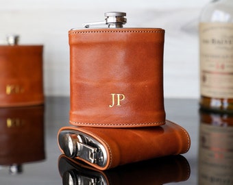 Vintage 6oz / 177ml Pigskin Tan Leather Pocket Size Hip Flask