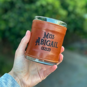 Custom Design Leather Wrapped Whiskey Glass Gift | Personalized Glassware with Name | Custom Logo Whiskey Glass