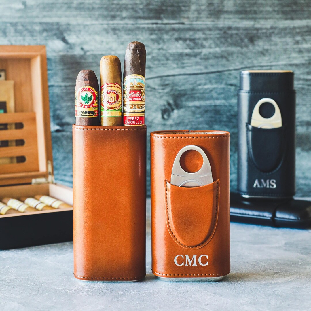 Personalized Leather Cigar Case, Cigar Cutter, Cigar Travel Case, Cigar