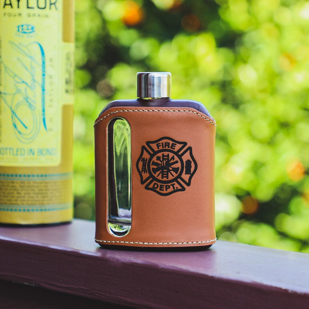 Firefighter Leather Wrapped Flask, Personalize, Fireman, Gift for ...