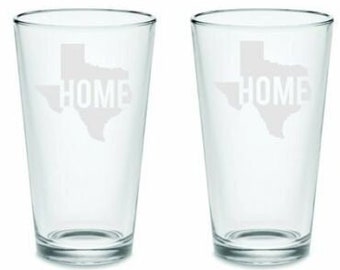 Set Texas Home Pint 16 oz. Etched Drinking Glasses Tumblers Drinkware Housewarming Gifts Cocktail Mixing Glass