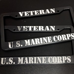 SET of 2 - U.S. Marines Veteran Black Plastic or Aluminum License Plate Frames Truck Car Van Décor Accessories New Vehicle Gifts Holder