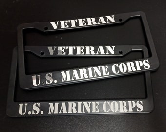 SET of 2 - U.S. Marine Corps Veteran Black Plastic or Aluminum License Plate Frames Truck Car Van Décor Accessories New Vehicle Gifts Holder