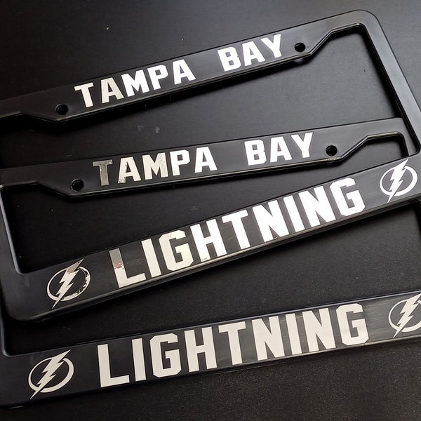 SET of 2 - Tampa Bay Lightning Black Plastic or Aluminum License Plate Frames Truck Car Van Décor Accessories New Vehicle Gifts Holder