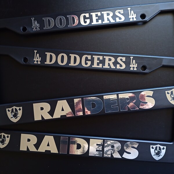 SET of 2 -  Dodgers / Raiders Black Plastic or Aluminum License Plate Frames Truck Van Décor Car Accessories New Car Gifts Handmade Holder