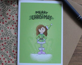 Niedliche Weihnachtskarte - 'Merry Christmas'. Spaß wunderliches Design mit der Darstellung einer Elfe auf einem grünen Hintergrund.