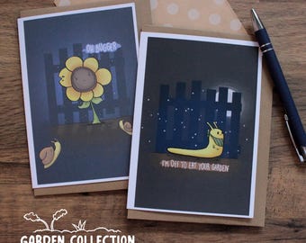 Garten Grußkarten Duo: Schnecke & Blume, handgemachte Karte